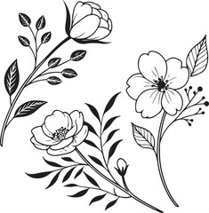 Black and white hand-drawn floral illustration set with daisy, rose, and leaves for craft and design use