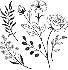 Black and white hand-drawn floral illustration set with daisy, rose, and leaves for craft and design use