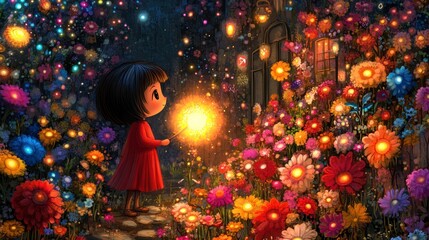 A little girl holds her glowing staff high, and its light illuminates a magical garden where flowers bloom in stunning colors, and mythical creatures lurk in the shadows.