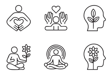 Six minimalist line art icons showing human figures and nature elements vector