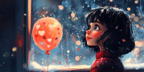 With a gentle smile, the girl watches the falling snow on Valentine's Day. A balloon floats lazily by her side.