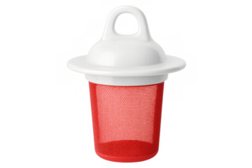 Red tea infuser with white lid and handle on transparent background