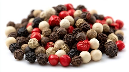 Obraz premium A vibrant collection of peppercorns in various colors, including black, white, red, and green, is artistically arranged to highlight their unique shapes and textures.