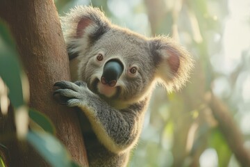 Obraz premium Wild koala clings to a tree surrounded by lush greenery in the sunlight, Adorable, Wild Koala Clings to a Tree, with Nature Sounds