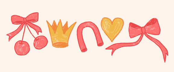 Crown, cherry, heart and bow shapes coquette elements. Stickers crayon drawn set. Naive doodle y2k figures on beige background. Vector childish illustration by pencil.