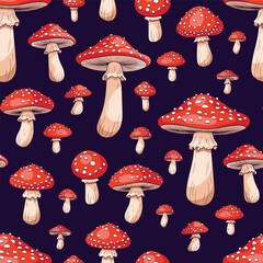 Pattern with toadstools mushrooms on a dark background. Forest mushrooms with red caps and white dots