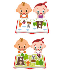 赤ちゃんが飛び出す絵本を見て楽しむイラスト