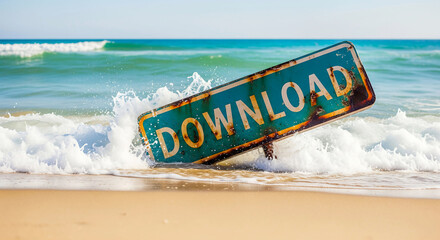 Rusty download sign submerged in ocean waves on a sandy beach 