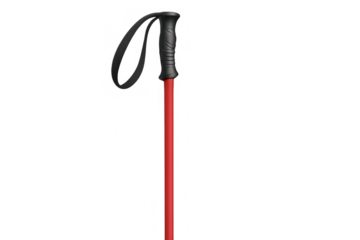 Red trekking pole with black grip and wrist strap on transparent background
