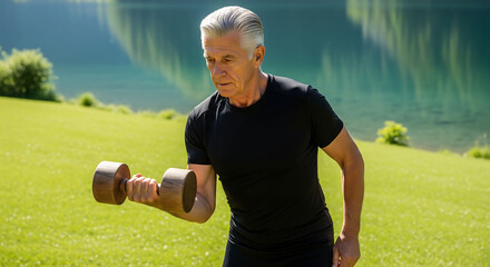 Senior Man Exercising with Wooden Dumbbells Outdoors in a Scenic Mountain Landscape 