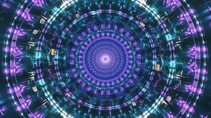 A radial tunnel composed of abstract glowing crystalline structures in blue, teal and purple hues converging to a bright center - Powered by Adobe