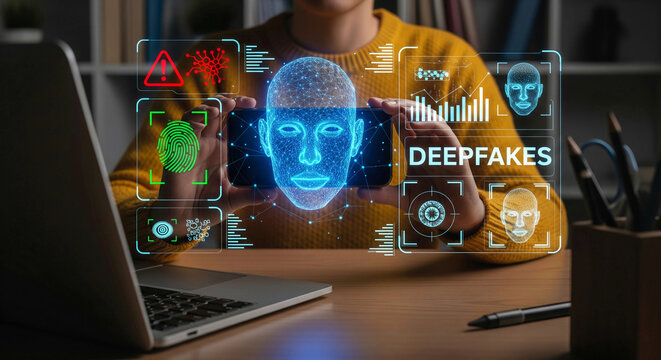 Person using smartphone with holographic interface showing deepfake detection. Concept of AI, cybersecurity, misinformation, digital identity, and facial recognition technology.

