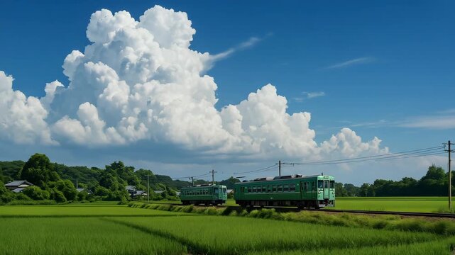 田園風景とローカル線の電車と夏の雲