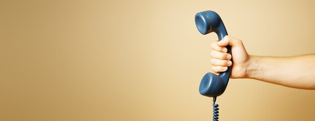 Hand holding retro blue telephone receiver on beige background with copy space for communication or customer service concept design template mockup.