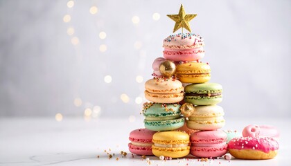Creative stack of vibrant ice cream scoops topped with macarons, mini donuts
