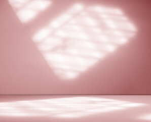 Pink background studio room abstract shadow overlay on wall floor, light gradient window loft minimal for presentation product cosmetic, podium card promotion, pastel pattern beige backdrop.