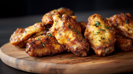 Crispy fried chicken wings on wooden plate