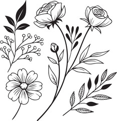 Black and white hand-drawn floral illustration set with daisy, rose, and leaves for craft and design use