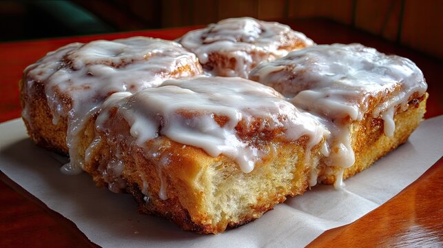 Four cinnamon rolls covered in white icing.