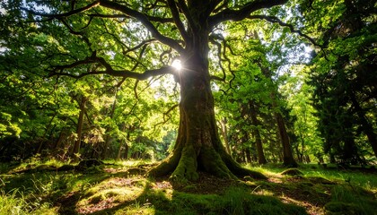 Obraz premium Sunlight filtering through a large forest tree