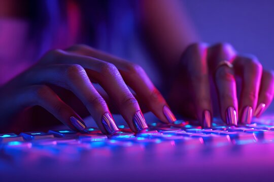 Hands typing on illuminated keyboard with vibrant neon lights, perfect for technology, gaming, and futuristic concepts