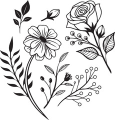 Black and white hand-drawn floral illustration set with daisy, rose, and leaves for craft and design use