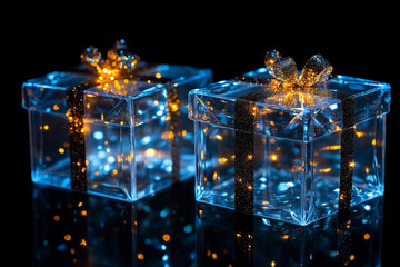 Festive gift boxes placed on a black background with glowing bokeh lights creating a dramatic holiday atmosphere