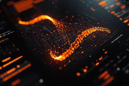 Visualization of DNA strand and data processing on a black background with glowing details, dna strand and data processing on black background