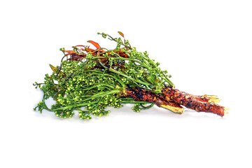 Young leaves and flowers of neem tree, Margosa, Quinine, (Azadirachta indica). A bouquet of neem flowers on a white background, a plant native to India, is blanched in sweet fish sauce.