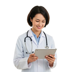 A smiling female medical professional wearing a white lab coat and stethoscope examining a tablet device isolated on transparent background