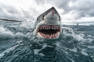 Naklejka premium Incredible shot of a shark breaching the surface during a cloudy day at sea, Incredible shot of a passing shark