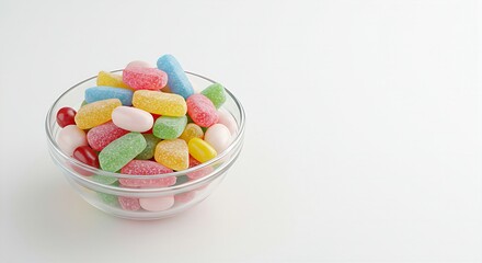 a clear glass bowl overflowing with assorted colorful gummy candies and jelly beans, on a crisp white surface. Clean, direct lighting highlighting their transparency and vibrant colors,