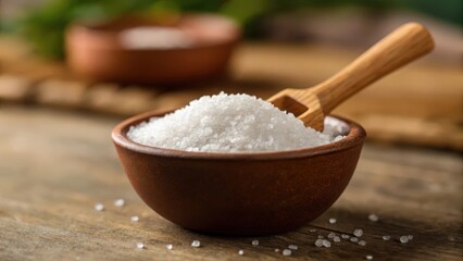 Salt in small clay dish with wooden scoop. Earthy tones. Organic kitchen seasoning scene.
