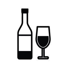 Black silhouette of a wine bottle and a wine glass filled with dark liquid drink beverage