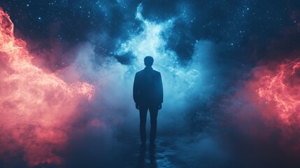 Fototapeta premium A lone man stands in the middle of a swirling nebula of red and blue smoke, facing the viewer, against a background of stars.