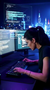 Timelapse of a programmer writing code on multiple monitors with AR overlays and cyberpunk lighting