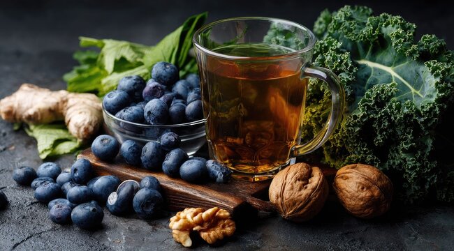 Dark background, healthy food still life