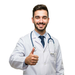 A smiling male doctor wearing a white lab coat and stethoscope gives a thumbs up gesture isolated on transparent background