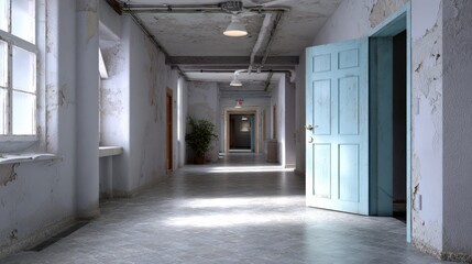 Abandoned building corridor with open door and faded walls