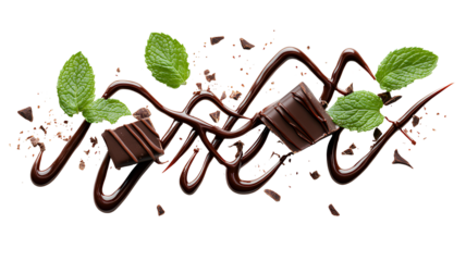Zigzag of chocolate sauce drizzled artistically with mint leaves, dessert decoration, isolated on transparent background.