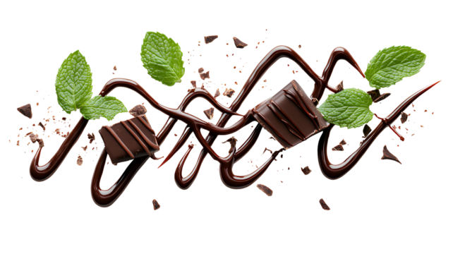 Zigzag of chocolate sauce drizzled artistically with mint leaves, dessert decoration, isolated on transparent background.