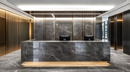 Modern office reception area with marble counter and stylish lighting, creating a professional atmosphere