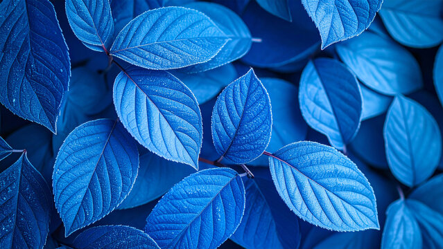 Close-up of vibrant blue leaves showcasing intricate natural patterns and unique textural details, perfect for modern design backgrounds and botanical themes.