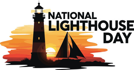 Illustration of national lighthouse day with a lighthouse, sailboat, sunset and symbolizing maritime navigation 