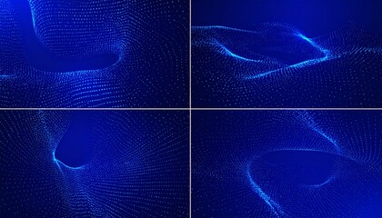 Abstract blue digital artwork; four panels of swirling, luminous particle fields