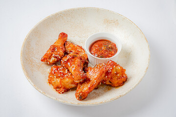 Juicy chicken wings coated in a crispy glaze sit alongside a zesty dipping sauce, ready to enjoy