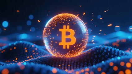 A Three-Dimensional Render of a Glowing Orange Bitcoin Symbol Encased within a Transparent Sphere, Set Against an Abstract Blue Digital Background with Data Waves.