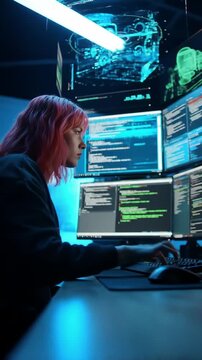 Timelapse of a programmer writing code on multiple monitors with AR overlays and cyberpunk lighting