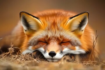 Red fox resting peacefully in the wild on a sunny day in autumn, Red fox Vulpes vulpes Head red fox in the wild The fox is resting