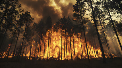 Forest fire burning through pine trees